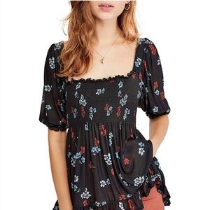 Free People delta dawn shirt black/red roses see thru